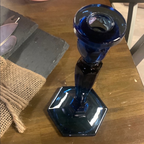 Fenton Cobalt Blue Glass Candlestick Holder - Tall Hexagonal Base - Picture 2 of 4